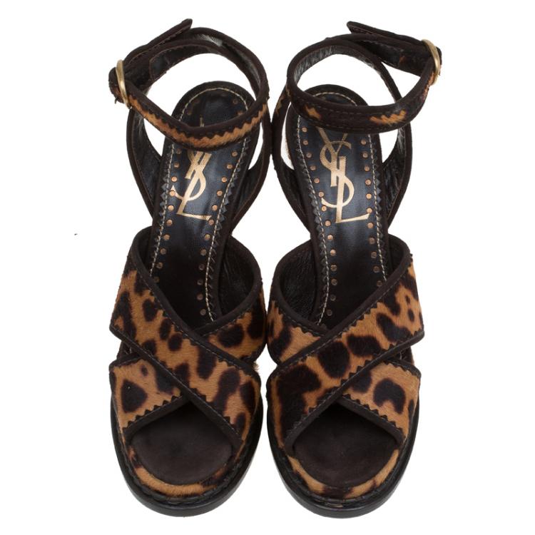 مملوكة مسبقًا Saint Laurent Paris Brown Leopard Calf Hair Criss Cross Ankle Strap Sandals Size 36.5