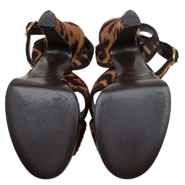 مملوكة مسبقًا Saint Laurent Paris Brown Leopard Calf Hair Criss Cross Ankle Strap Sandals Size 36.5