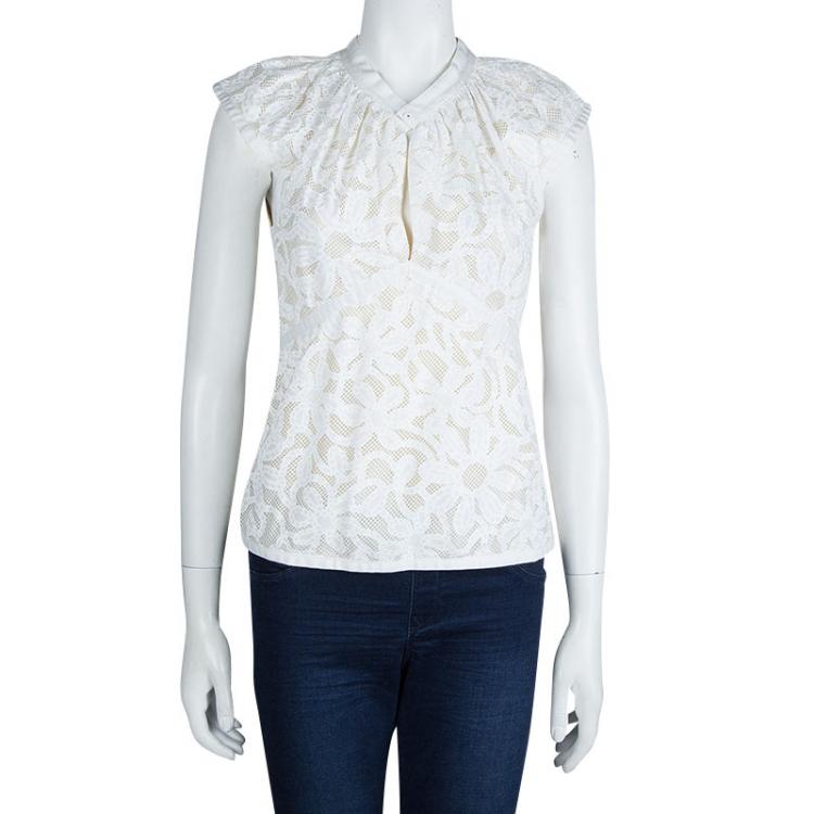 مملوكة مسبقًا Zac Posen White Floral Print Cap Sleeve Top M