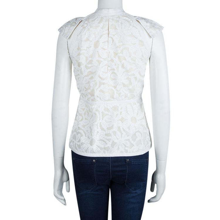مملوكة مسبقًا Zac Posen White Floral Print Cap Sleeve Top M