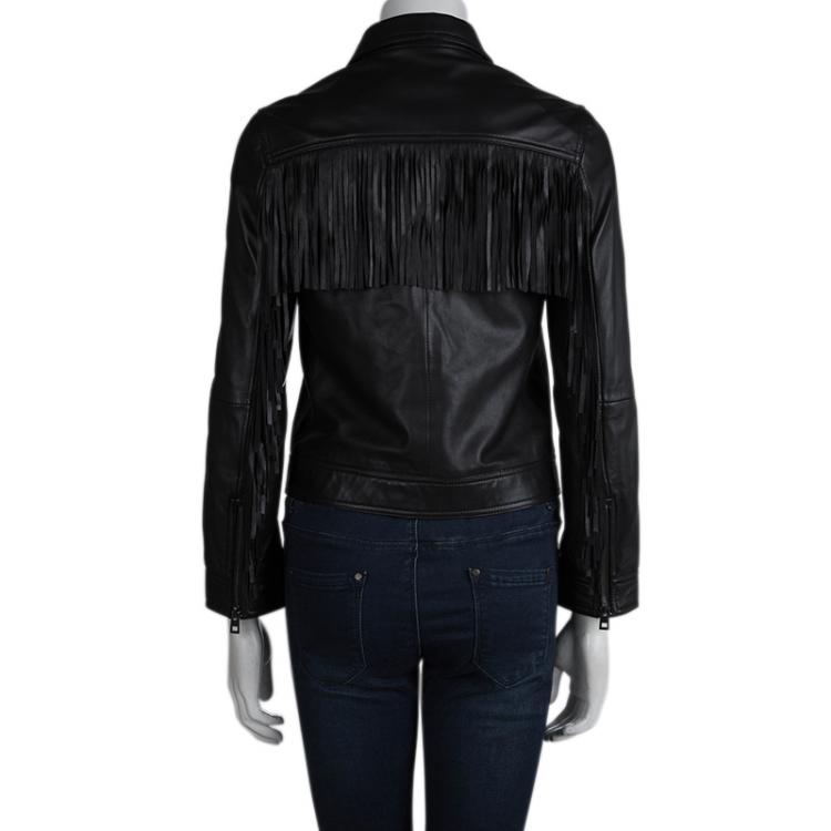 Pre Owned Zadig & Voltaire Deluxe Black Fringe Detail Leather Jacket XS