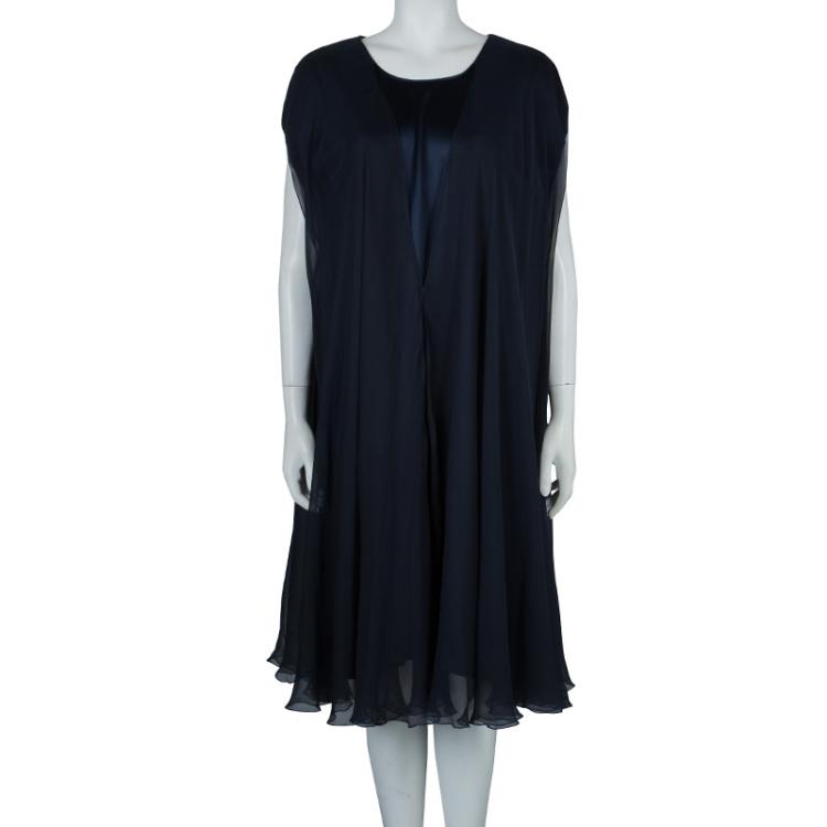Pre Owned Zuhair Murad Navy Blue Chiffon Overlay Cape Dress L
