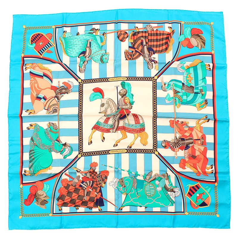 Pre Owned Hermes Turquoise Chocs En Plumes Silk Square Scarf