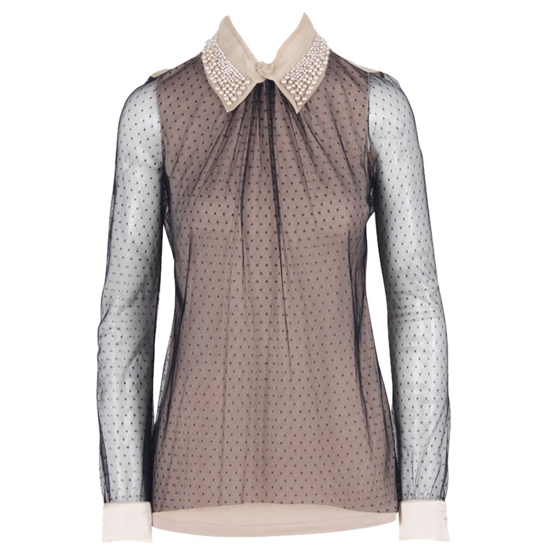 Pre Owned Valentino Black & Beige Embellished Lace Top M