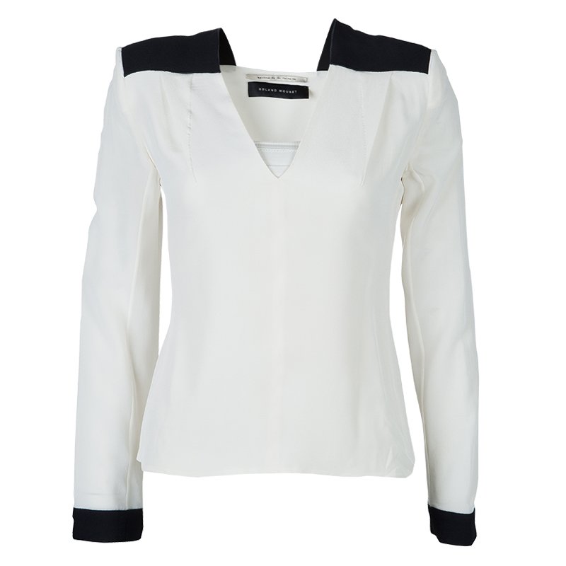 Pre Owned Roland Mouret Monochrome Power Shoulder Long Sleeve Silk Blouse S