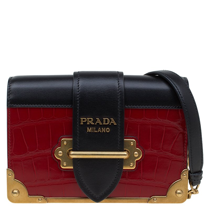 Prada Red Black Crocodile And Leather Cahier Shoulder Bag 87378 Prevnext