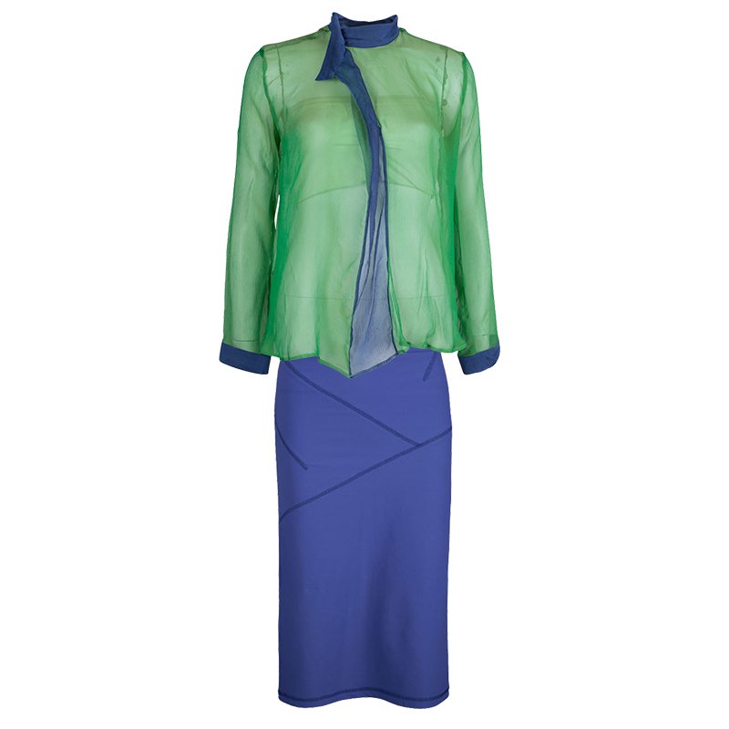 Pre Owned Emporio Armani Green Blue Silk Top Skirt Combo S/L