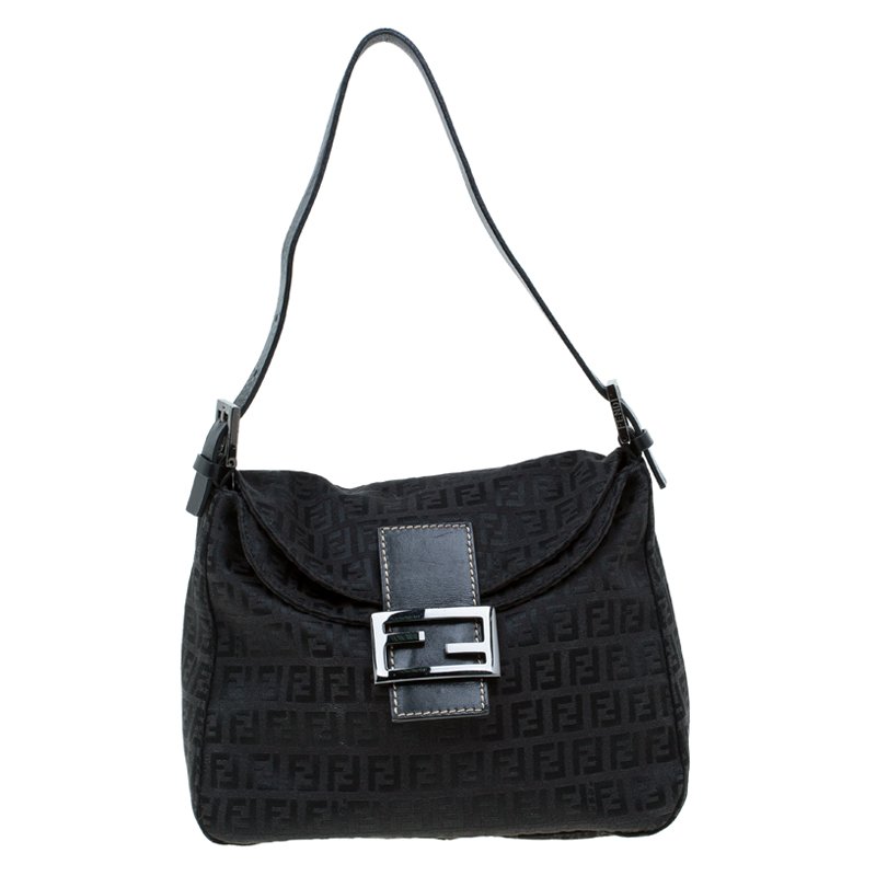 Pre Owned Fendi Black Zucchino Canvas Shoulder Bag