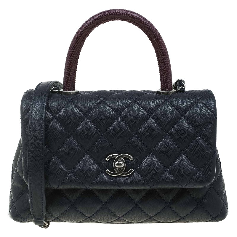 Chanel Navy Blue Quilted Caviar Leather Small Lizard Handle Coco Prevnext