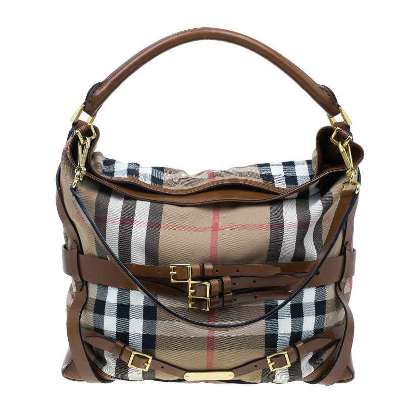 Burberry Dark Tan Canvas Medium Briddle House Check Gosford Hobo Prevnext
