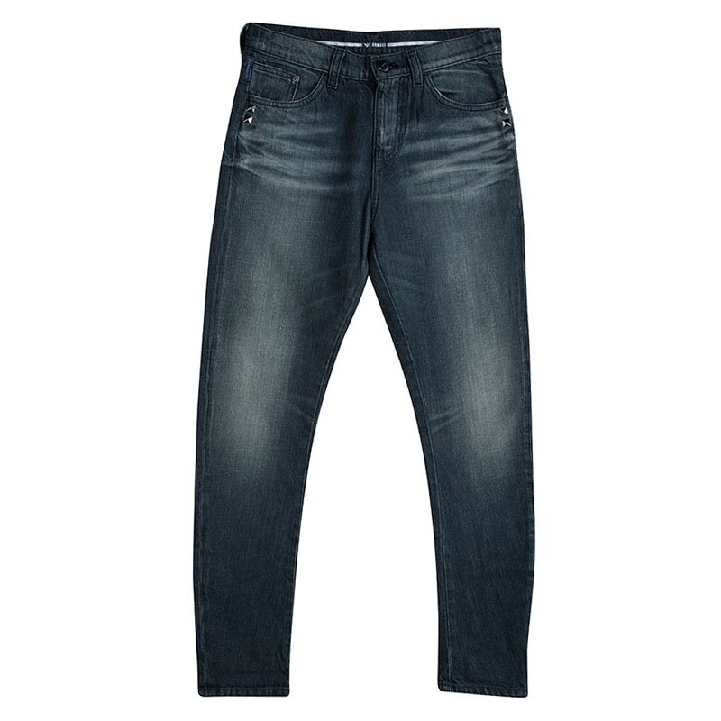 Pre Owned Armani Junior Washed Distressed Denim Studded Pocket Detail Skinny Jeans 12 Yrs