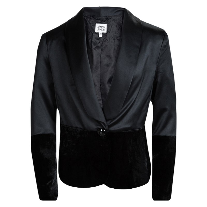 Armani Junior Black Satin Velvet Panel Detail Blazer 10 Yrs