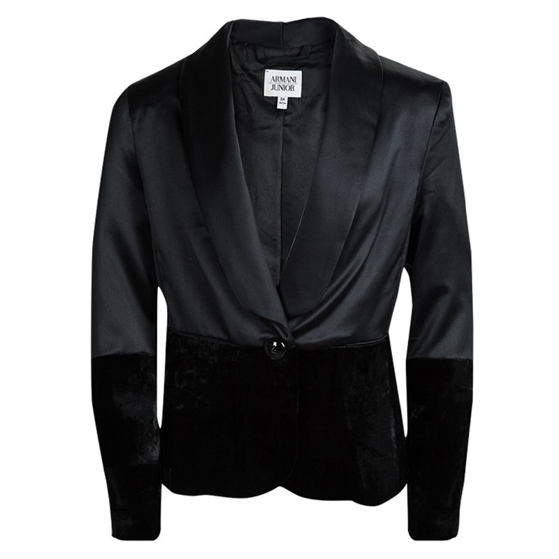 Pre Owned Armani Junior Black Satin Velvet Panel Detail Blazer 8 Yrs