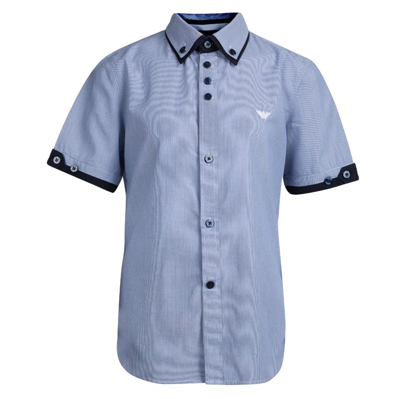 Pre Owned Armani Junior Blue Striped Cotton Short Sleeve Buttondown Shirt 10 Yrs