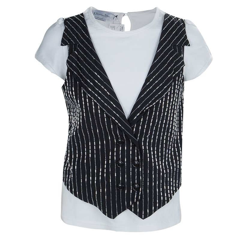 Pre Owned Baby Dior Monochrome Faux Beaded Waistcoat Detail T-Shirt 10 Yrs