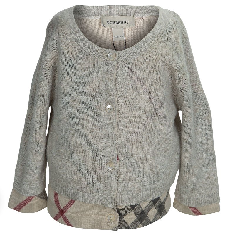 Burberry Beige Knit Novacheck Trim Buttondown Cardigan 9 Months