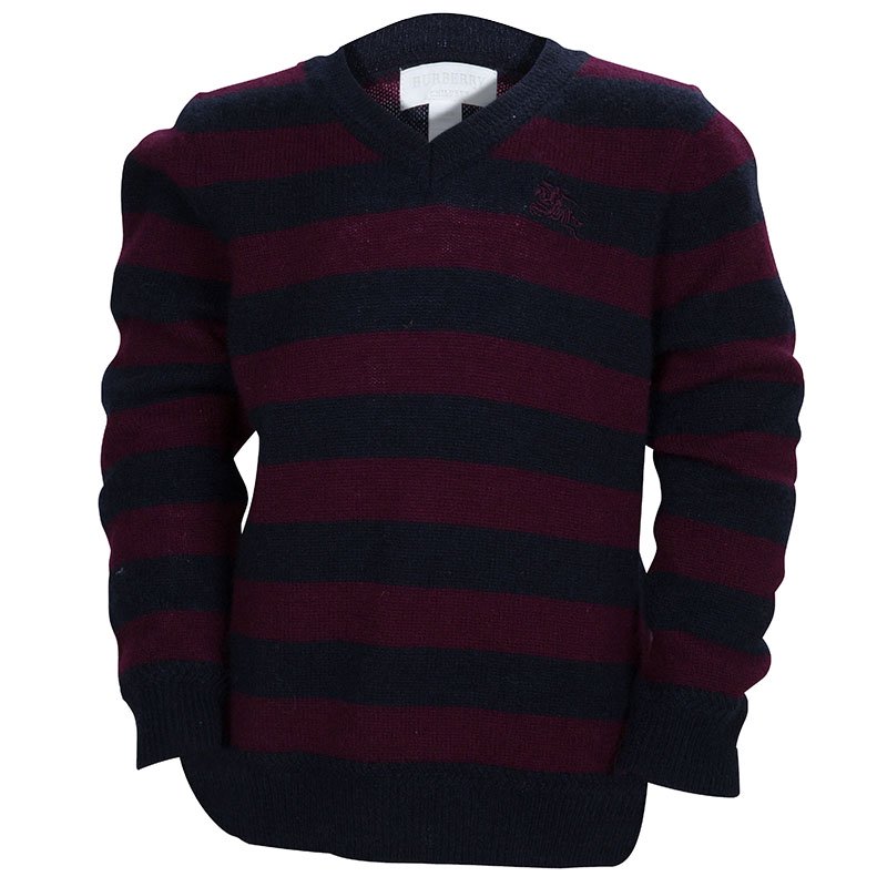 Burberry Children Navy Blue and Burgundy Striped Cashmere V- Neck Sweater 4  Yrs Burberry Kids | TLC