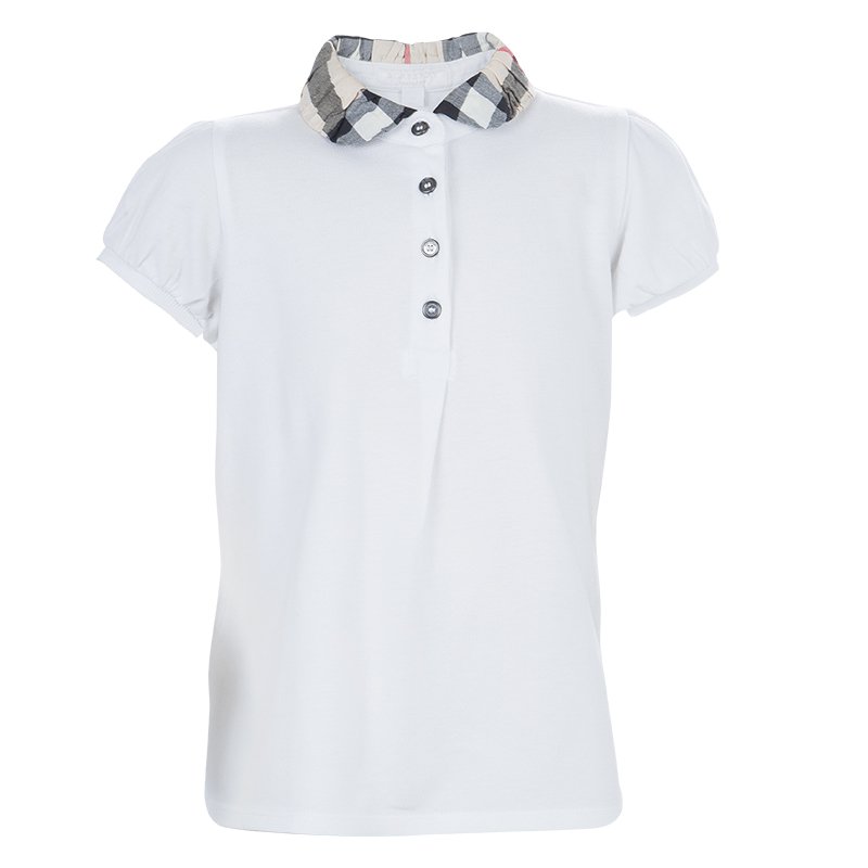 Pre Owned Burberry Children White Gathered Novacheck Collar Polo T-Shirt 7 Yrs