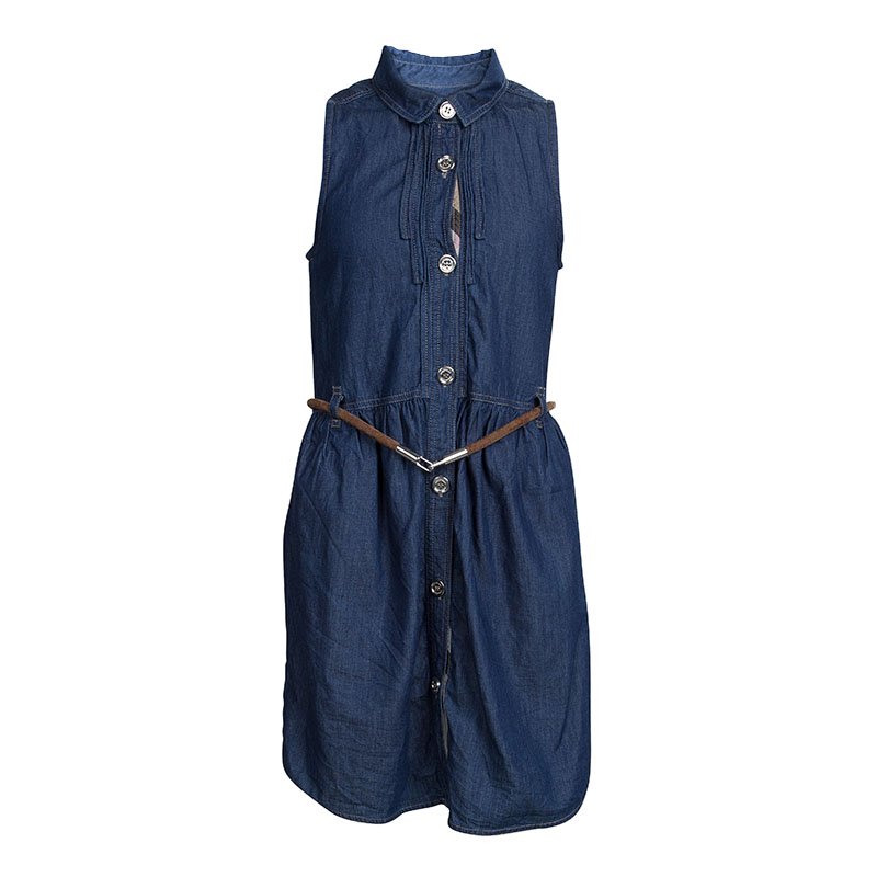 مملوكة مسبقًا Burberry Indigo Denim Sleeveless Belted Shirt Dress 8 Yrs