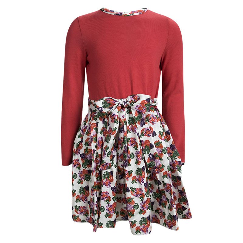 CH Carolina Herrera Red Cotton Contrast Floral Print Long Sleeve Dress 8 Yrs
