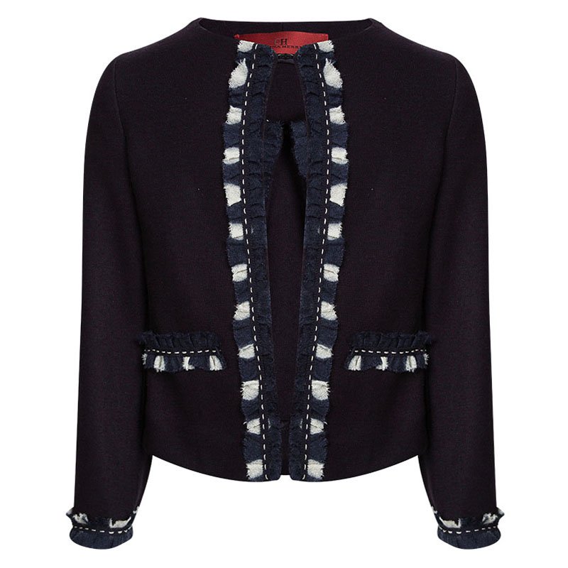 Pre Owned CH Carolina Herrera Navy Blue Ruffle Trim Detail Open Front Jacket 6 Yrs