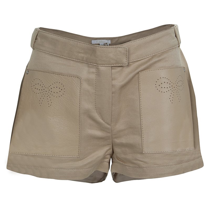 Pre Owned Chloe Beige Leather Patch Pocket Detail Shorts 10 Yrs