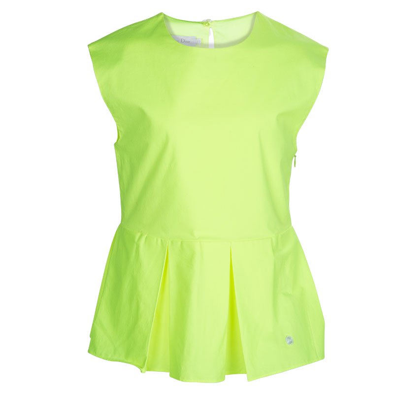Pre Owned Dior Neon Yellow Cotton Box Pleat Detail Sleeveless Peplum Top 10 Yrs