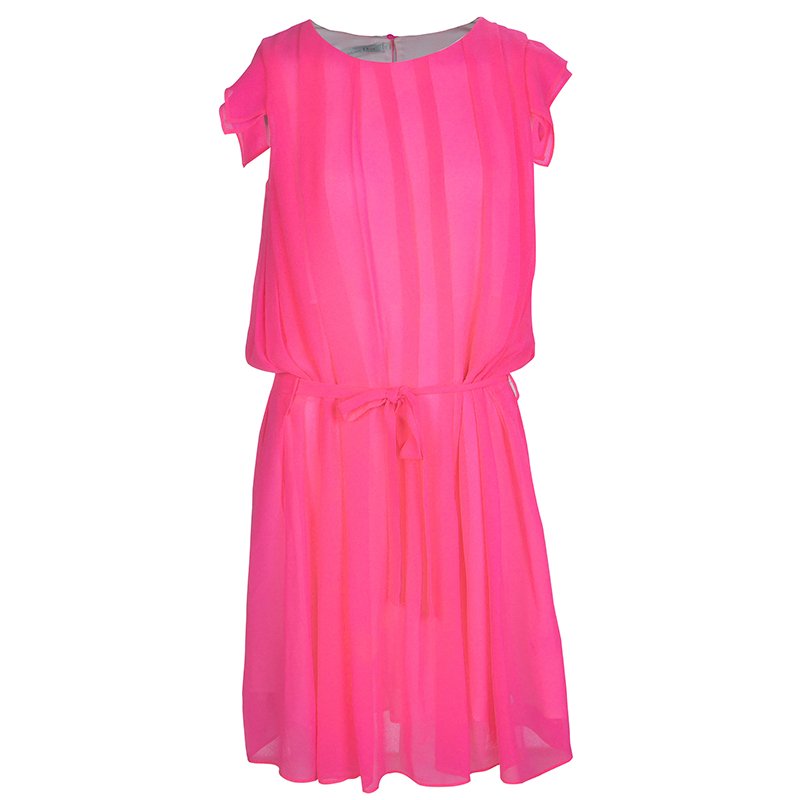 Dior Neon Pink Chiffon Pleated Belted Dress 10 Yrs Dior | The Luxury Closet