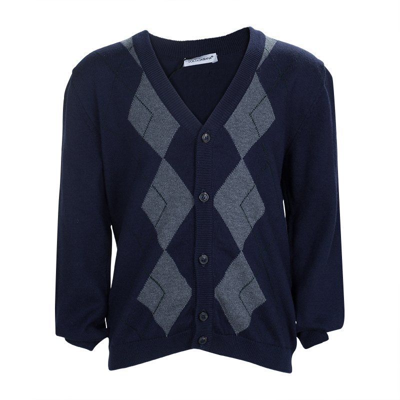 blue argyle cardigan
