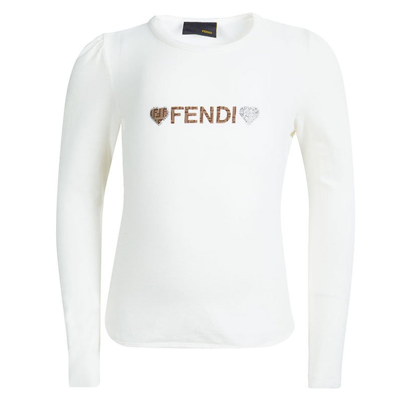 Pre Owned Fendi Kids Off White Logo Detail Embellished Long Sleeve Top 4 YRS