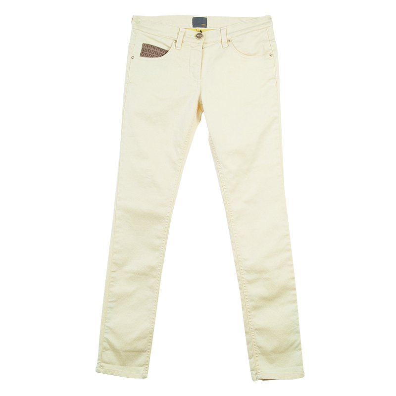 Pre Owned Fendi Yellow Monogram Pocket Detail Denim Skinny Jeans 10 Yrs