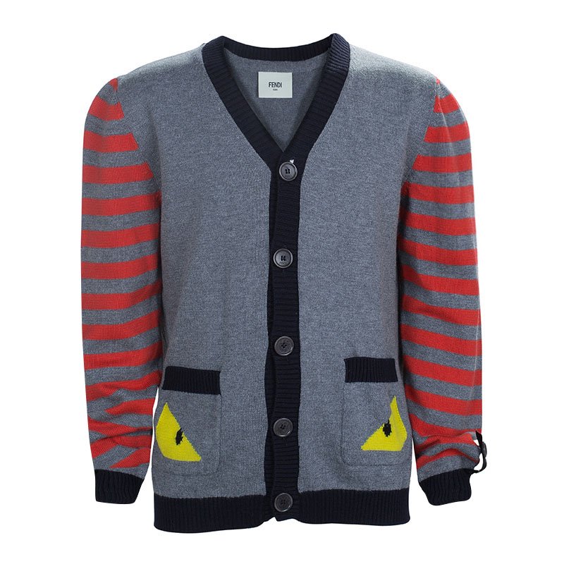 Pre Owned Fendi Grey Knit Striped Sleeve Detail Button Down Cardigan 6 Yrs