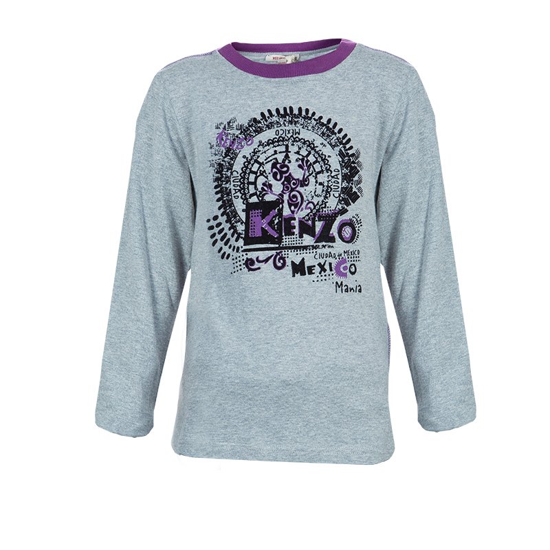 Pre Owned تيشيرت كينزو كيدز رصاصي مطبوع بأكمام طويلة ورقبة مستديرة 8 سنوات