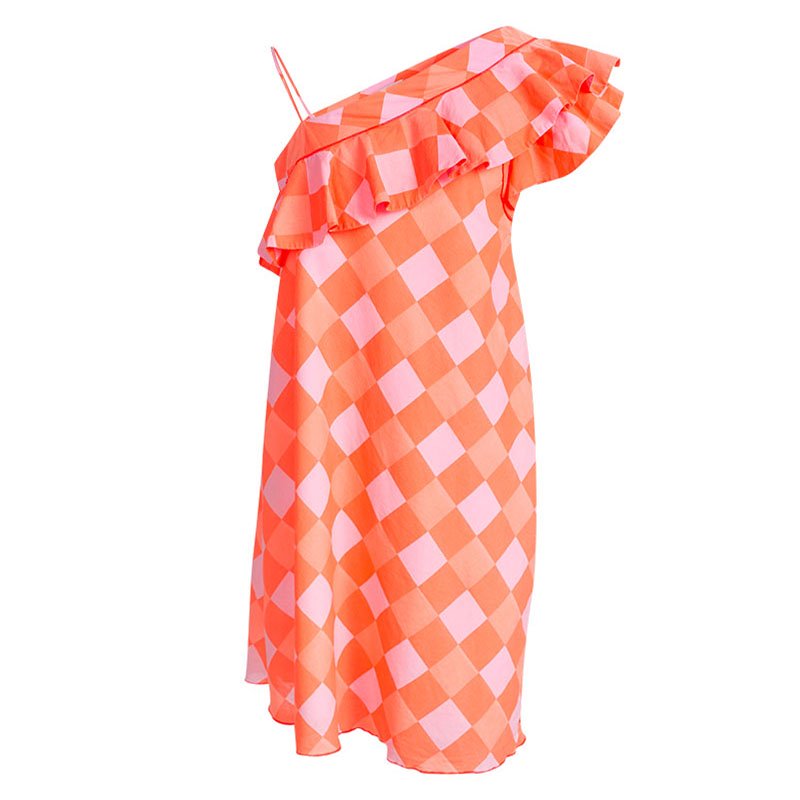 Little Marc Jacobs Neon Orange Checkered One Shoulder Dress 10 Yrs