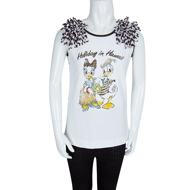 Pre Owned Monnalisa White Striped Donald and Daisy Duck Print Embellished Sleeveless T-Shirt 10 Yrs