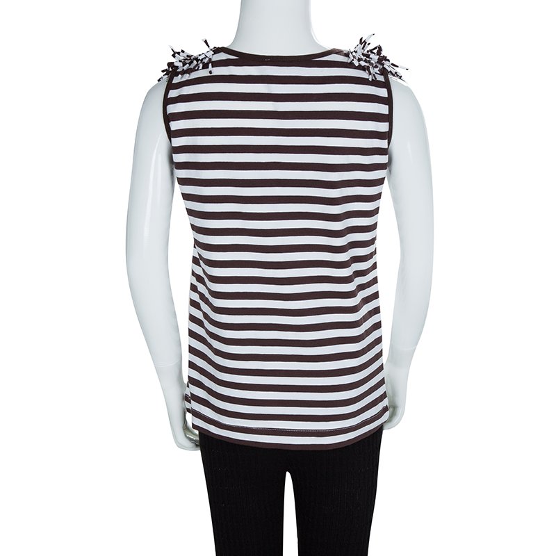 Pre Owned Monnalisa White Striped Donald and Daisy Duck Print Embellished Sleeveless T-Shirt 10 Yrs