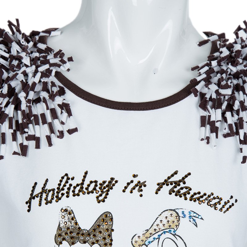 Pre Owned Monnalisa White Striped Donald and Daisy Duck Print Embellished Sleeveless T-Shirt 10 Yrs