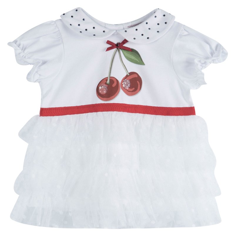 Monnalisa White Cherry Printed Tiered Dress 6 Months