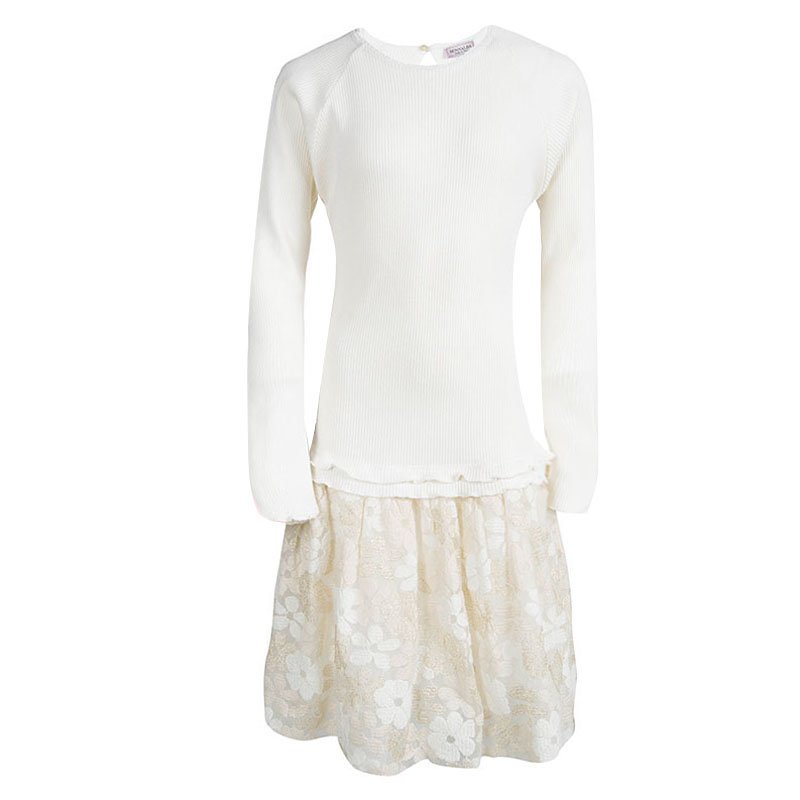 Monnalisa Cream Knit Floral Tulle Bottom Long Sleeve Dress 12 Yrs