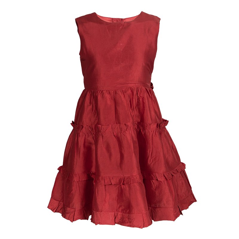 Pre Owned Oscar de la Renta Red Tafetta Tiered Ruffle Detail Dress 8 Yrs
