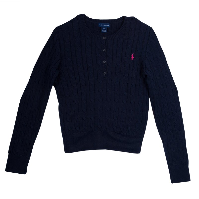Pre Owned Ralph Lauren Navy Blue Cable Knit Henley Sweater 12-14 Yrs