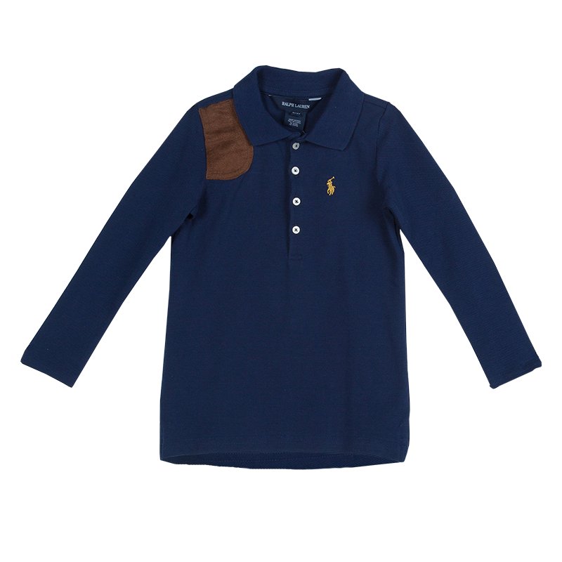 Pre Owned Ralph Lauren Navy Blue Suede Patch Detail Long Sleeve Polo Tunic 3 Yrs