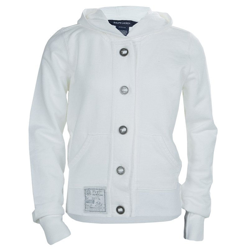مملوكة مسبقًا Ralph Lauren White Kangaroo Pocket Buttondown Hoodie 8/10 Yrs
