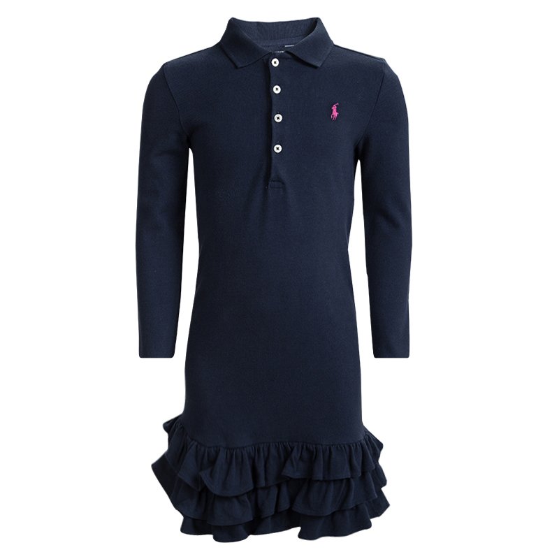 Ralph Lauren Navy Blue Long Sleeve Ruffle Bottom Polo T-Shirt Dress 5 Yrs