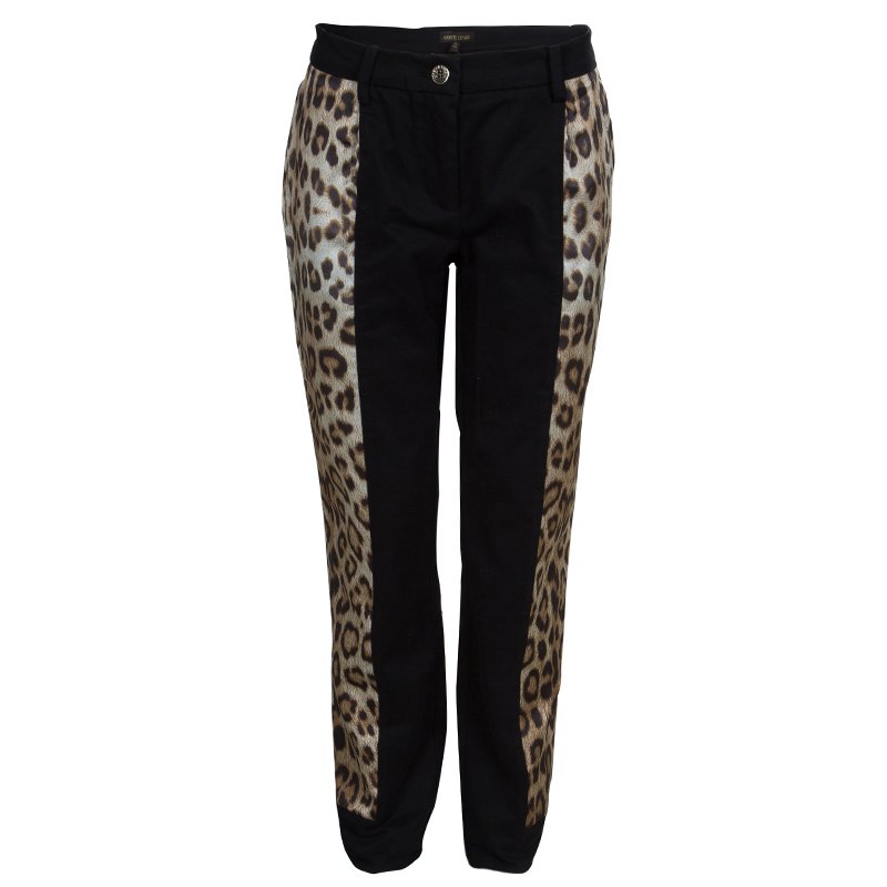مملوكة مسبقًا Roberto Cavalli Black Leopard Print Panel Pants 10 Yrs