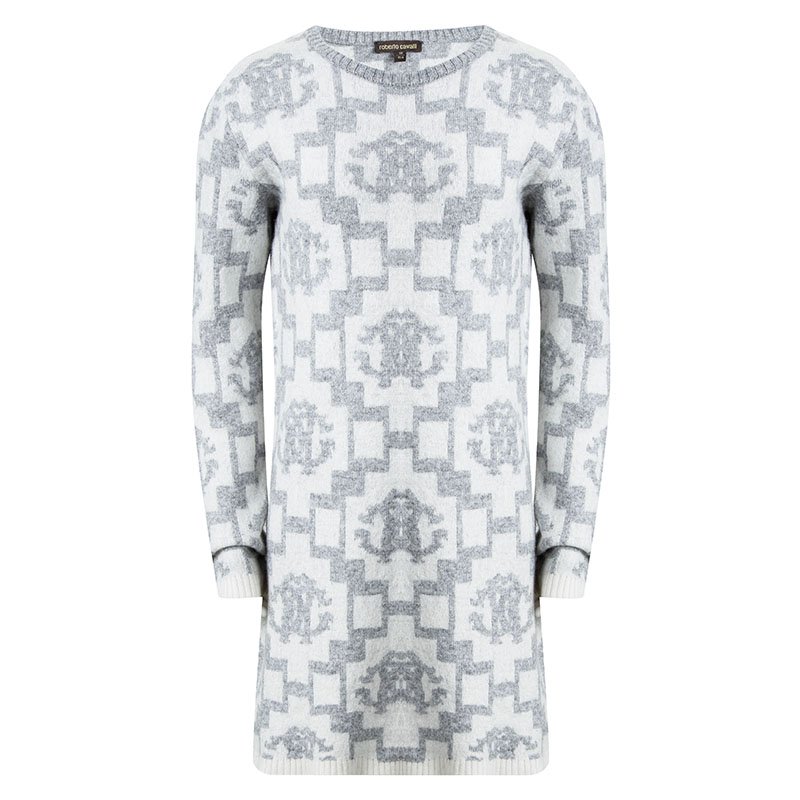 Pre Owned Roberto Cavalli Grey Logo Pattern Crew Neck Mini Sweater Dress 10 Yrs