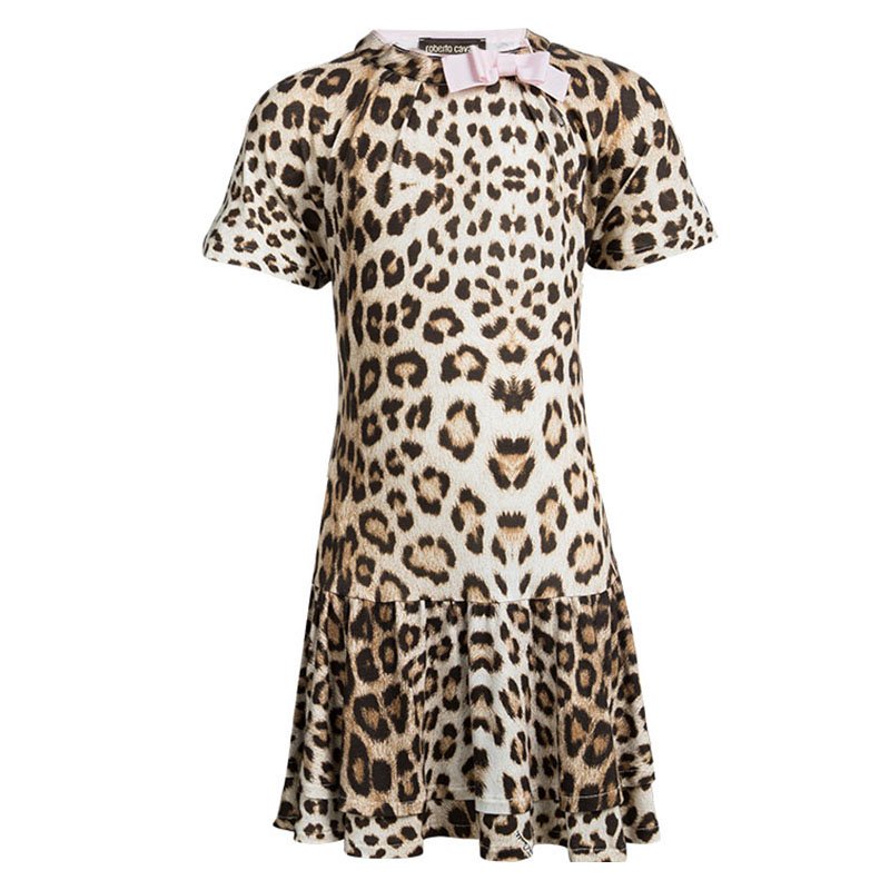 مملوكة مسبقًا فستان روبرتو كافالي جيرسيه بني نقشة الفهد بفيونكة مزينة حافة مكشكشة 6 سنوات