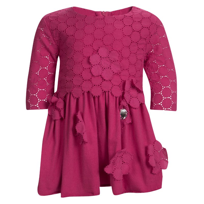 Pre Owned Rykiel Enfant Pink Eyelet Embroidered Floral Applique Detail Dress 2 Yrs