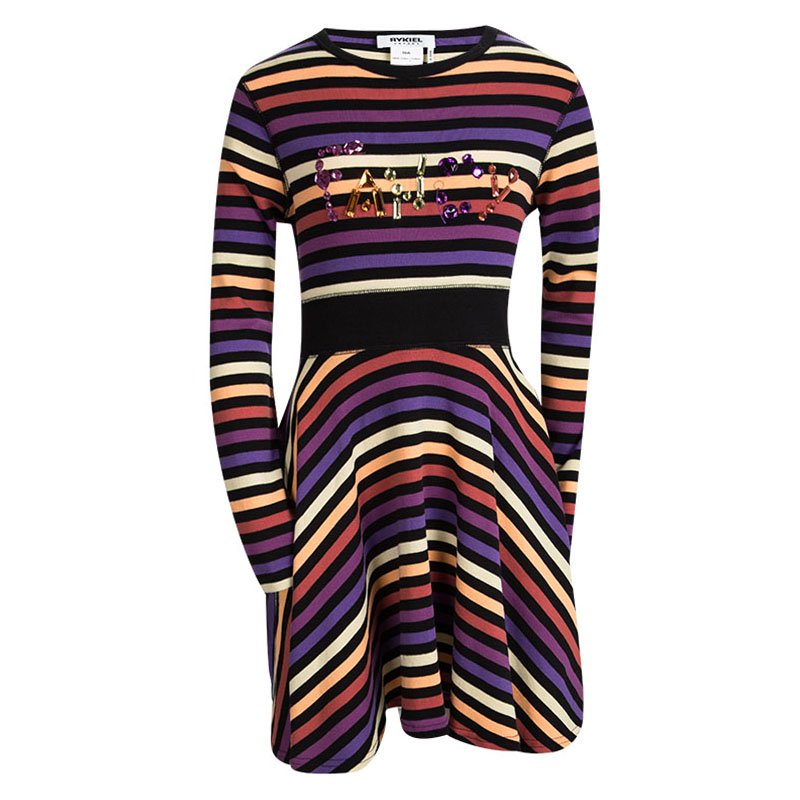 Rykiel Enfant Multicolor Striped Embellished Long Sleeve Dress 10 Yrs