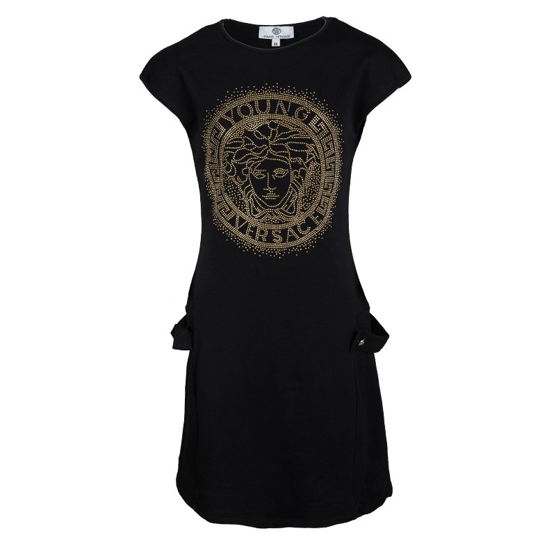 Pre Owned Young Versace Black Knit Medusa Logo Embellished Dress 8 Yrs